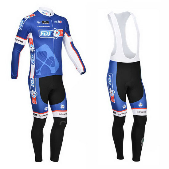 2013 Maillot FDJ Tirantes Mangas Largas Azul